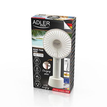 Adler Fan AD 7331w Portable Mini Fan USB, Number of speeds 3, 4.5 W, Diameter 9 cm, White