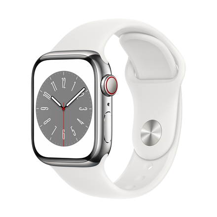 Apple Watch Series 8 GPS + Cellular MNJ53EL/A 41mm, Retina LTPO OLED, Touchscreen, Heart rate monitor, Waterproof, Bluetooth, Wi-Fi, Silver, White