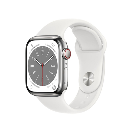 Apple Watch Series 8 MNJ53UL/A	 41mm, Smart watches, GPS (satellite), Retina LTPO OLED, Touchscreen, Heart rate monitor, Waterproof, Bluetooth, Wi-Fi, eSIM, Silver, White