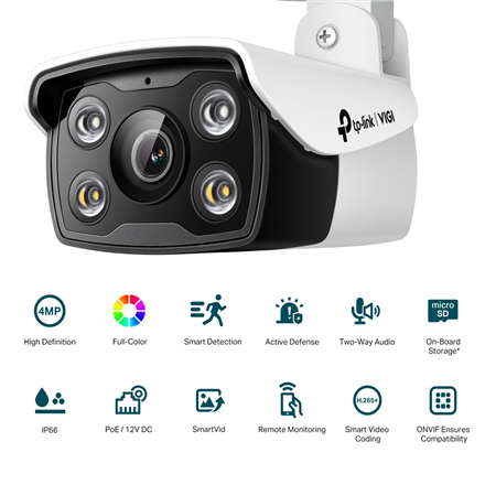 TP-LINK VIGI 4MP Outdoor Full-Color Network Camera VIGI C340 Bullet, 2.8 mm, IP66, H.265+/H.265/H.264+/H.264,  MicroSD