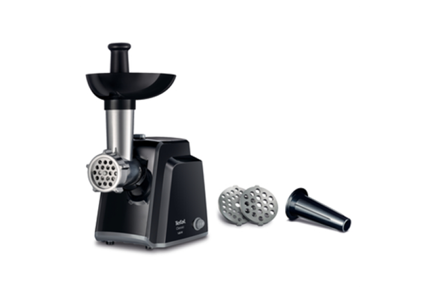 TEFAL Meat mincer NE105838 Black 1400 W Number of speeds 1 Throughput (kg/min) 1.7 The set includes 3 stainless steel sieves for medium or coarse grinding.