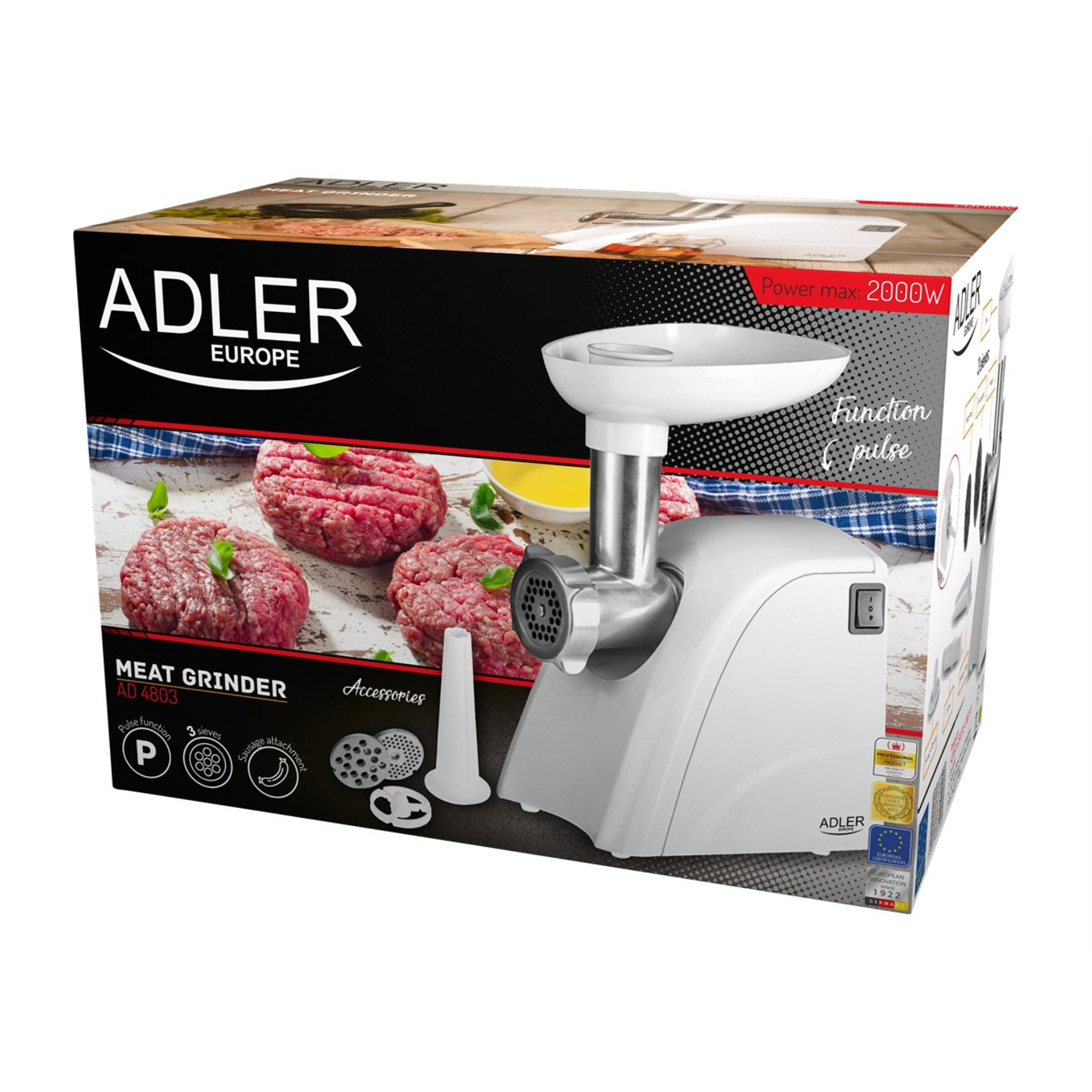 Adler AD 4803 Meat mincer, Power 800W, Bowl, Middle size sieve, Mince sieve, Poppy sieve, Plunger, Sausage filler Adler