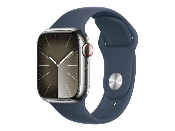 Apple Watch Series 9 GPS + Cellular 41mm Silver Stainless Steel Case with Storm Blue Sport Band - M/L Apple