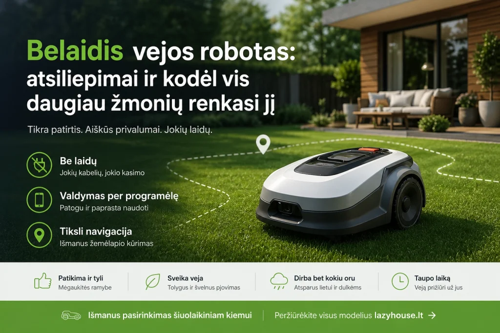 belaidis vejos robotas moderniame kieme be perimetro laido