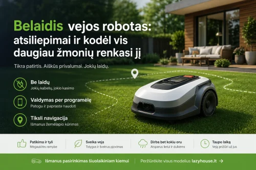 belaidis vejos robotas moderniame kieme be perimetro laido