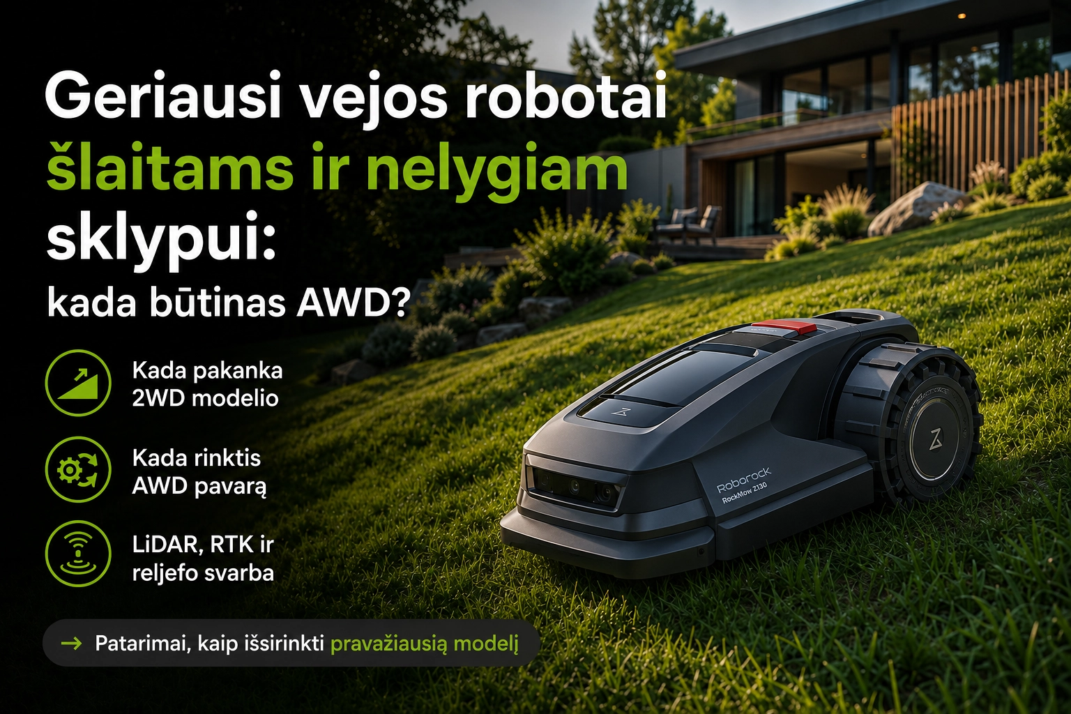 AWD vejos robotas pjauna žolę stačiame nelygiame šlaite