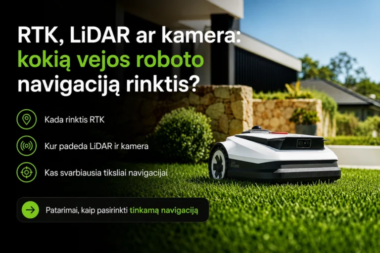 RTK LiDAR ir kameros navigaciją naudojantys vejos robotai skirtinguose sklypuose